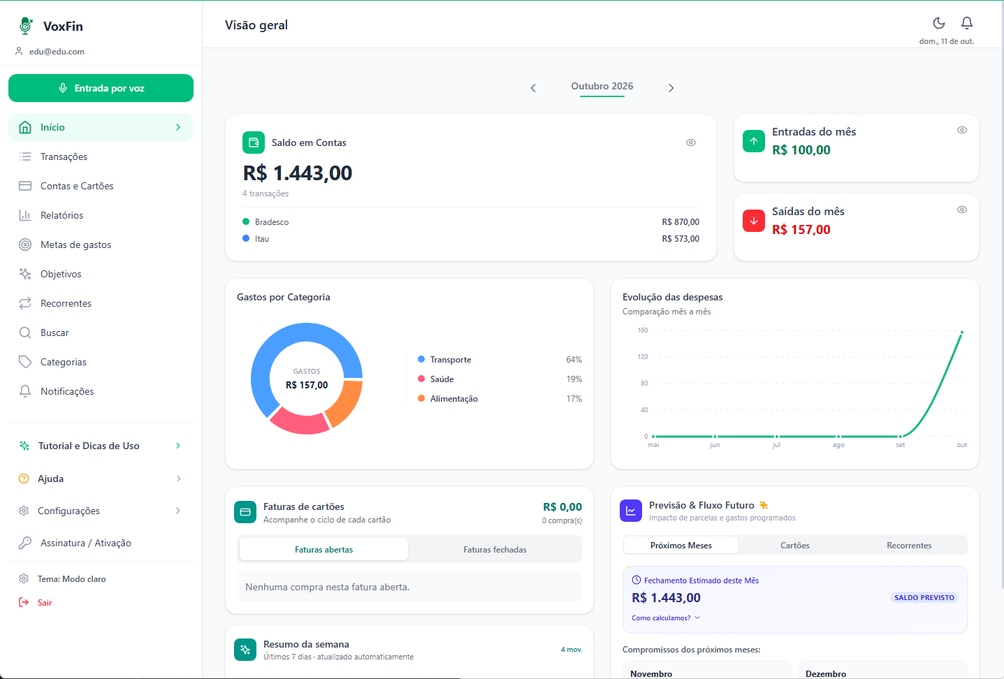VoxFin desktop screen with financial overview and charts.