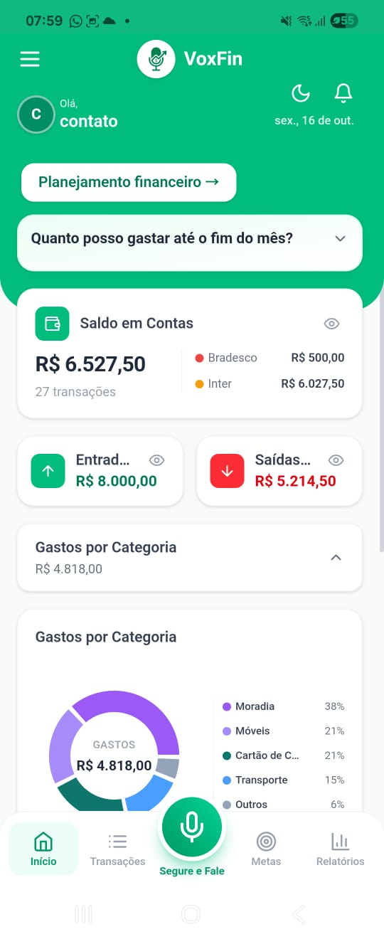 VoxFin on mobile: account balances and spending by category.